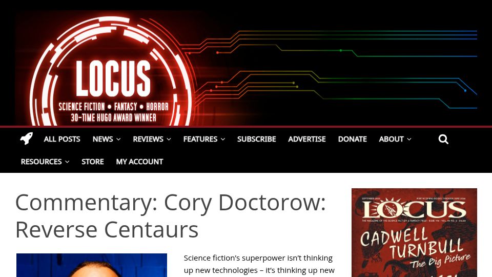 Screenshot of locusmag.com: Cory Doctorow: "centaurs" and "reverse-centaurs"