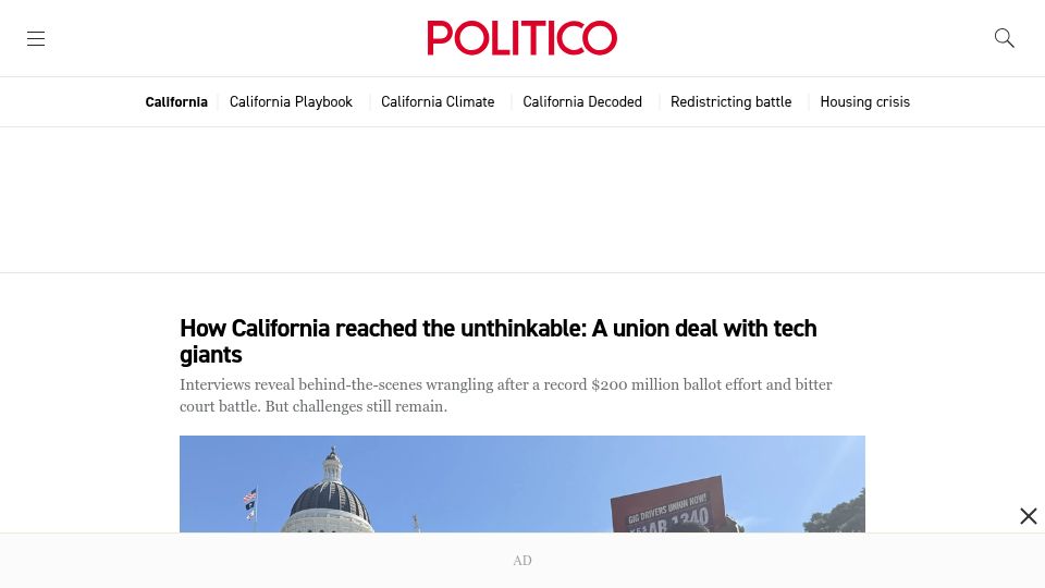 Screenshot of politico.com: California reached the unthinkable: A union deal with tech giants