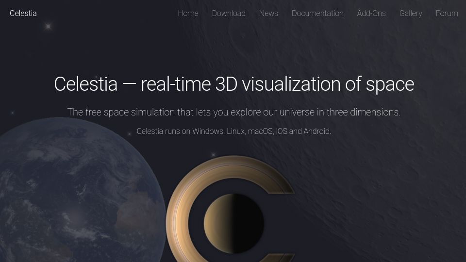 Screenshot of celestiaproject.space: Celestia – Real-time 3D visualization of space