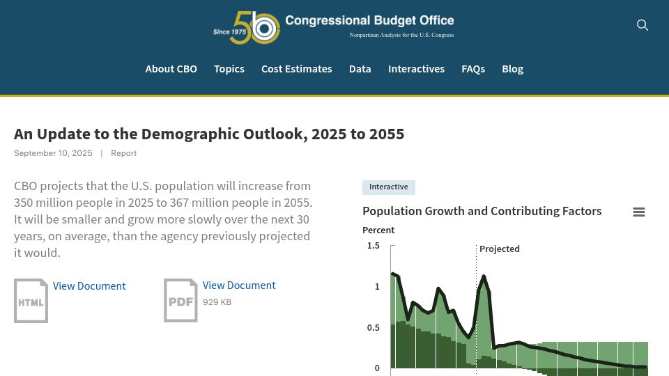 Screenshot of cbo.gov: Deaths are projected to exceed births in 2031