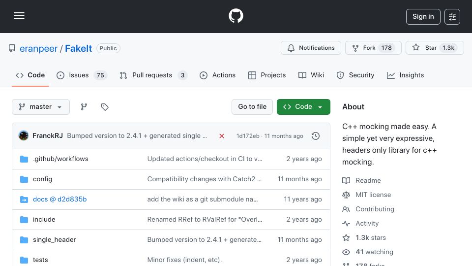 Screenshot of github.com: FakeIt: C++ Mocking Made Easy