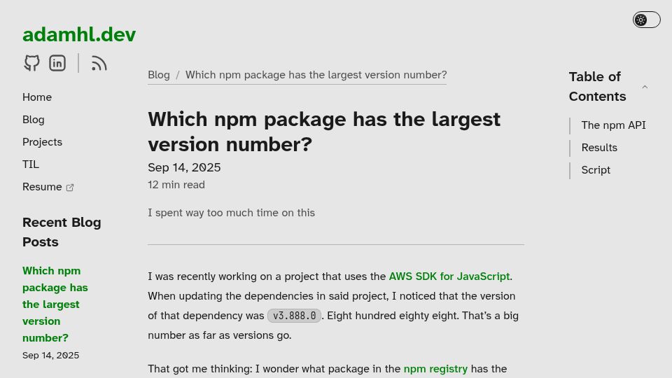 Screenshot of adamhl.dev: Which NPM package has the largest version number?