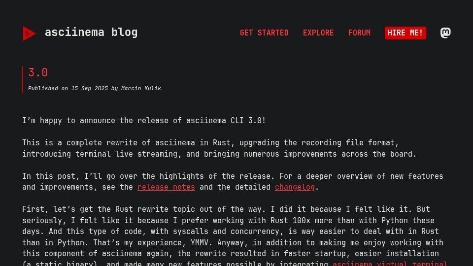 Screenshot of blog.asciinema.org: Asciinema CLI 3.0 rewritten in Rust, adds live streaming, upgrades file format