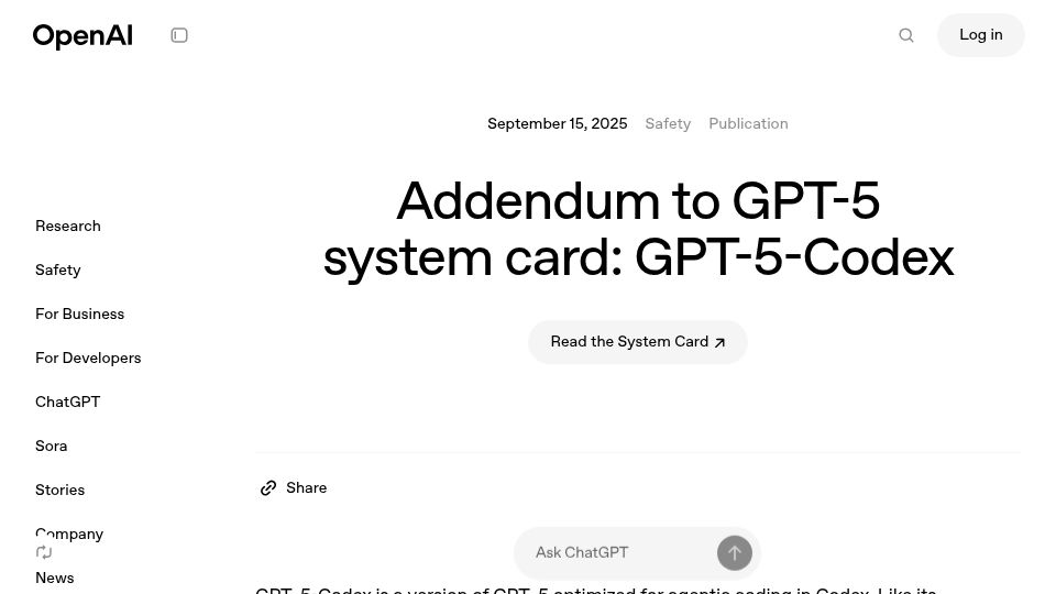Screenshot of openai.com: Addendum to GPT-5 system card: GPT-5-Codex