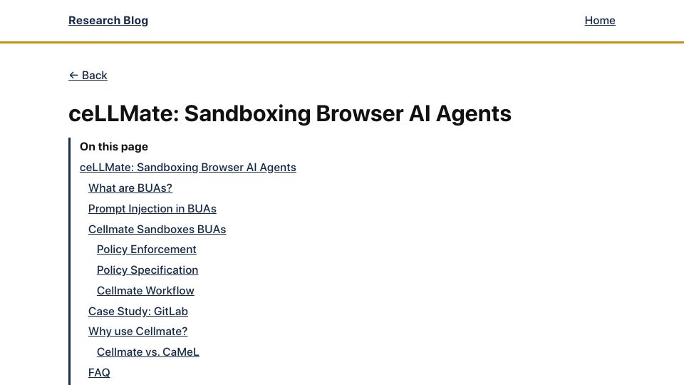 Screenshot of earlence.com: Sandboxing Browser AI Agents