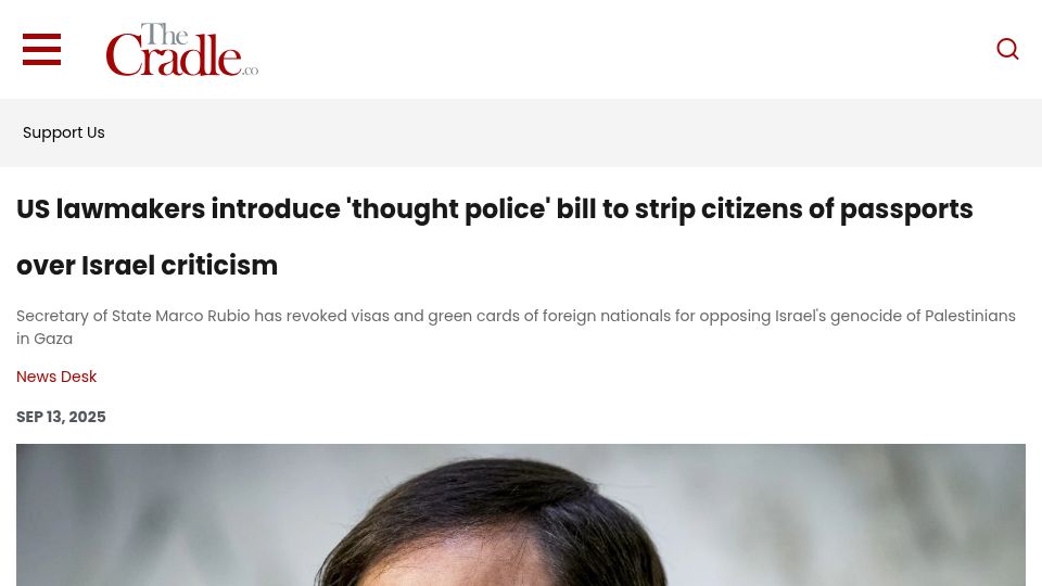 Screenshot of thecradle.co: Thought police bill introduced to revoke US passport for criticism of Israel