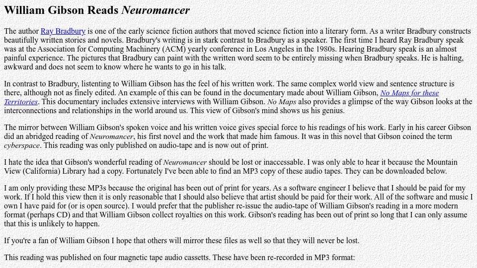Screenshot of bearcave.com: William Gibson Reads Neuromancer (2004)