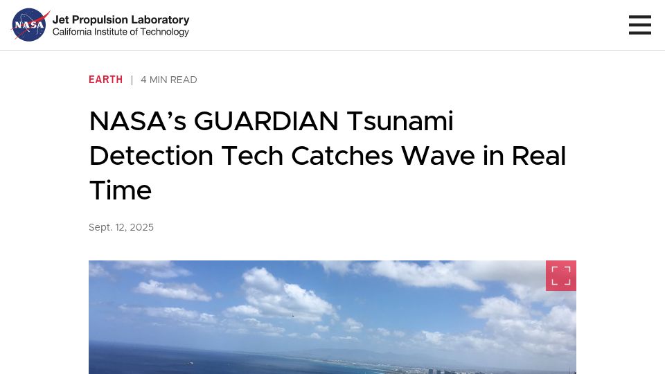 Screenshot of jpl.nasa.gov: NASA's Guardian Tsunami Detection Tech Catches Wave in Real Time