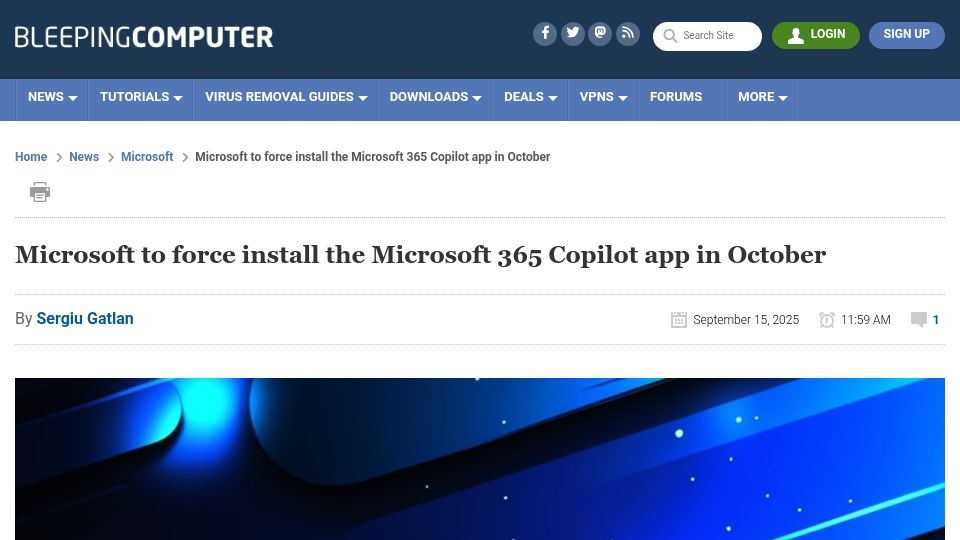 Screenshot of bleepingcomputer.com: Microsoft to force install the Microsoft 365 Copilot app in October