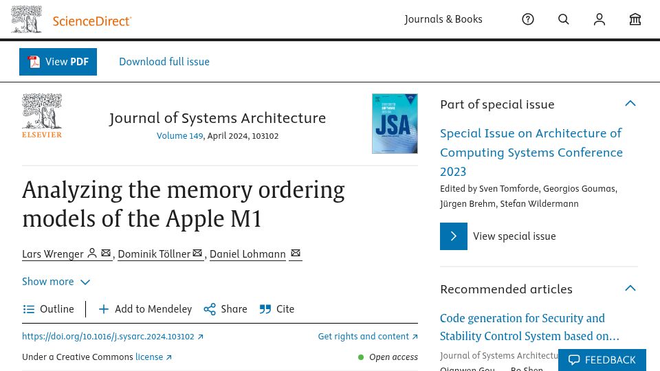 Screenshot of sciencedirect.com: Analyzing the memory ordering models of the Apple M1