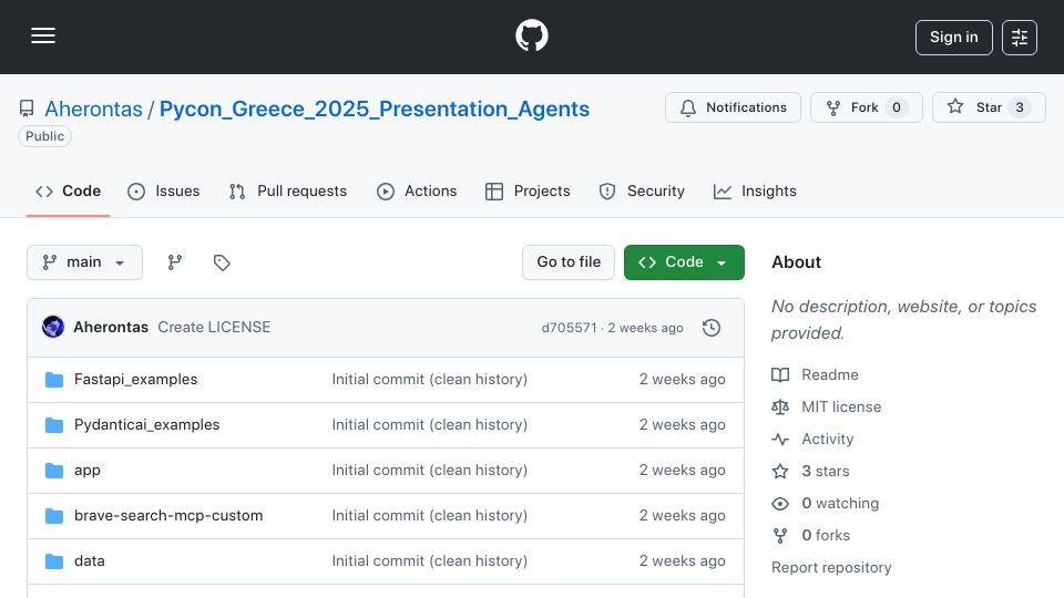 Screenshot of github.com: Show HN: AI-powered web service combining FastAPI, Pydantic-AI, and MCP servers