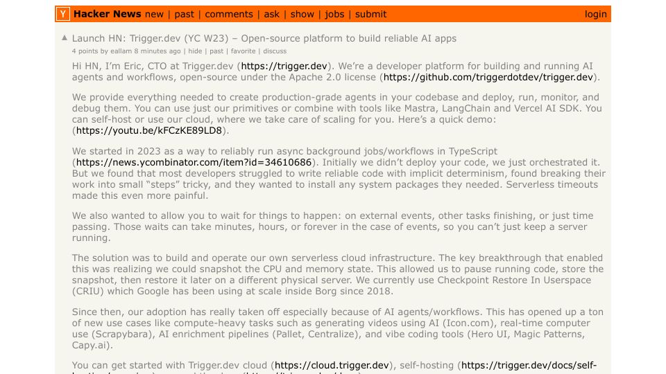 Screenshot of Hacker News post: Launch HN: Trigger.dev (YC W23) – Open-source platform to build reliable AI apps