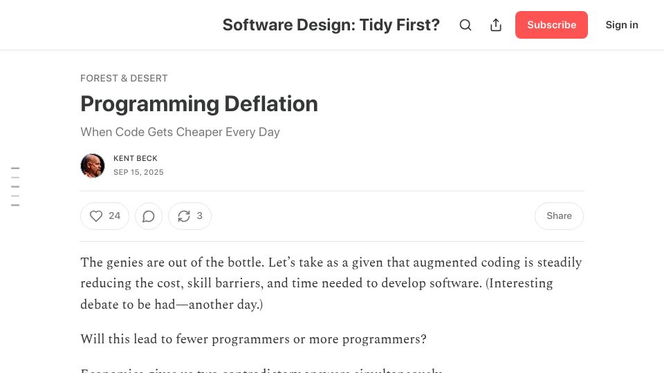 Screenshot of tidyfirst.substack.com: Programming Deflation