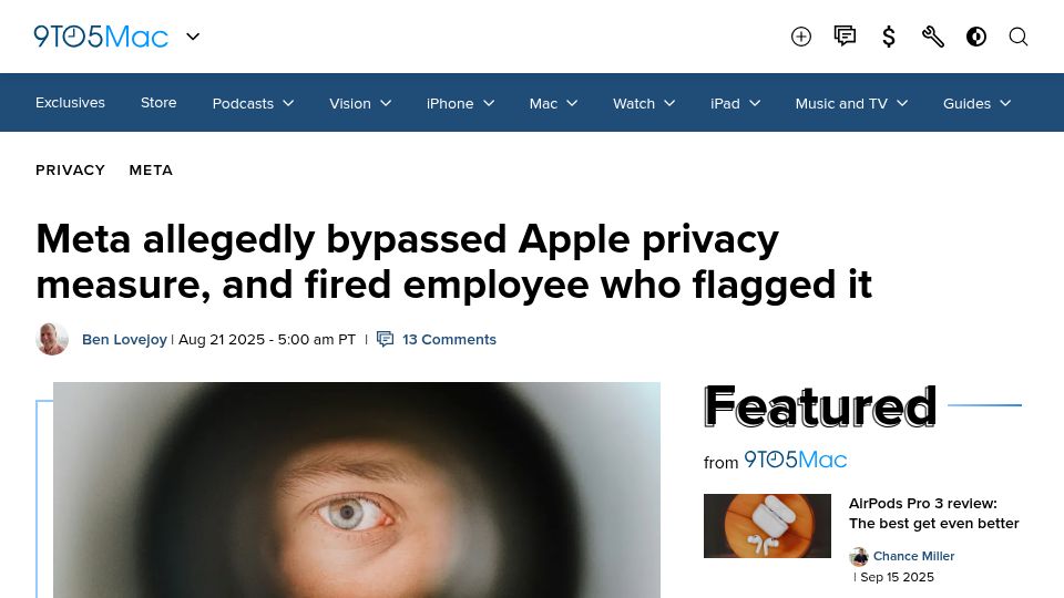 Screenshot of 9to5mac.com: Meta bypassed Apple privacy protections, claims former employee