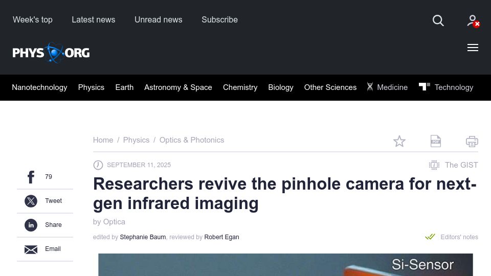 Screenshot of phys.org: Researchers revive the pinhole camera for next-gen infrared imaging
