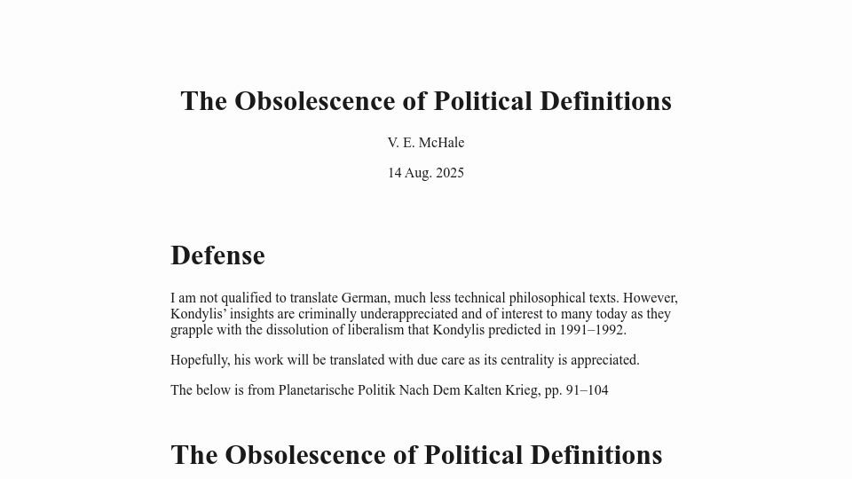 Screenshot of vmchale.com: The Obsolescence of Political Definitions (1991)
