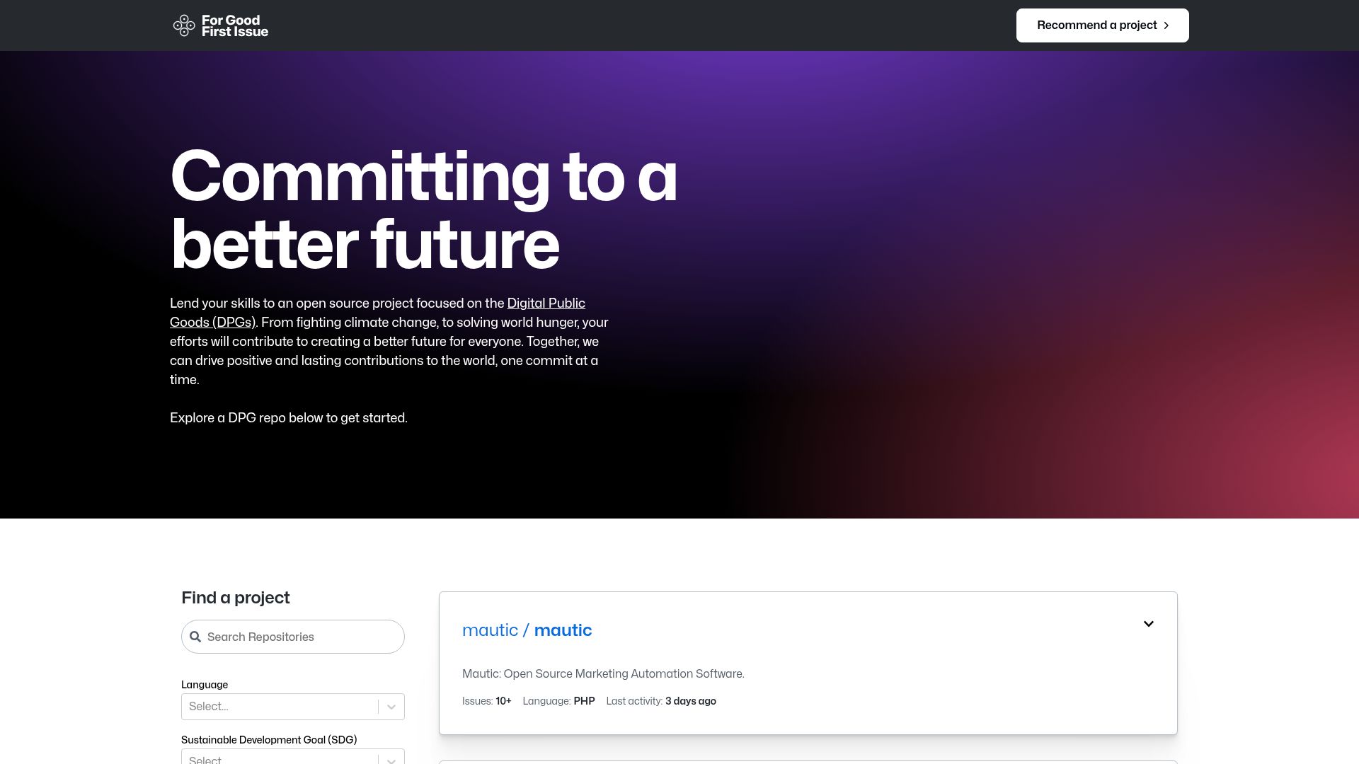 Screenshot of forgoodfirstissue.github.com: For Good First Issue – A repository of social impact and open source projects