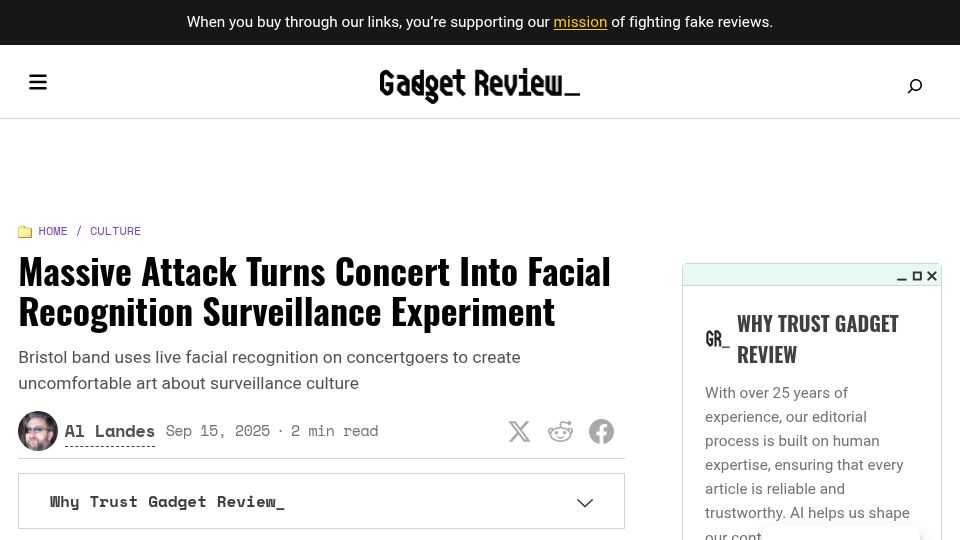 Screenshot of gadgetreview.com: Massive Attack turns concert into facial recognition surveillance experiment