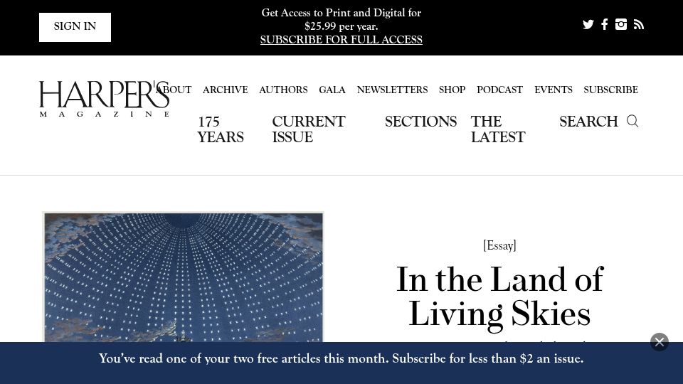 Screenshot of harpers.org: In the Land of Living Skies: Reacquainting ourselves with the night (2022)