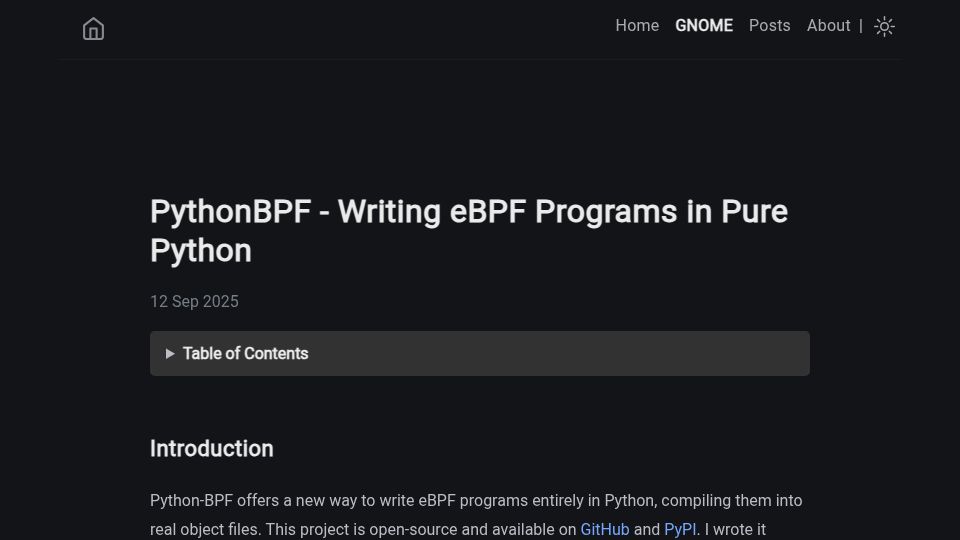 Screenshot of xeon.me: PythonBPF – Writing eBPF Programs in Pure Python