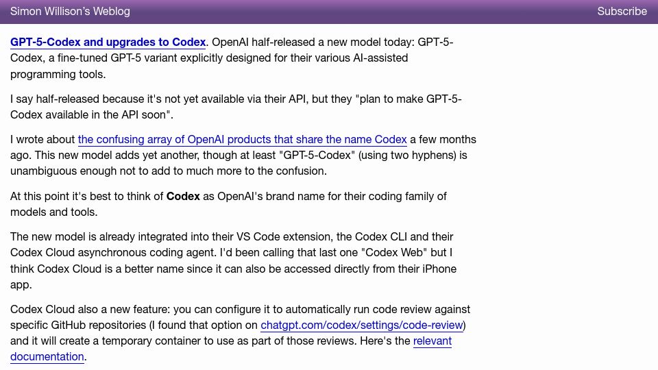 Screenshot of simonwillison.net: GPT‑5-Codex and upgrades to Codex