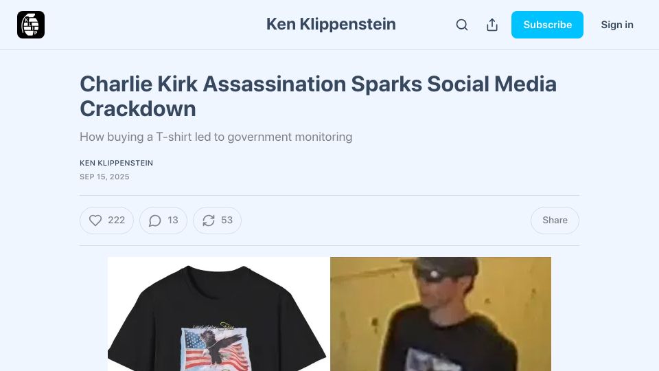 Screenshot of kenklippenstein.com: Charlie Kirk Assassination Sparks Social Media Crackdown