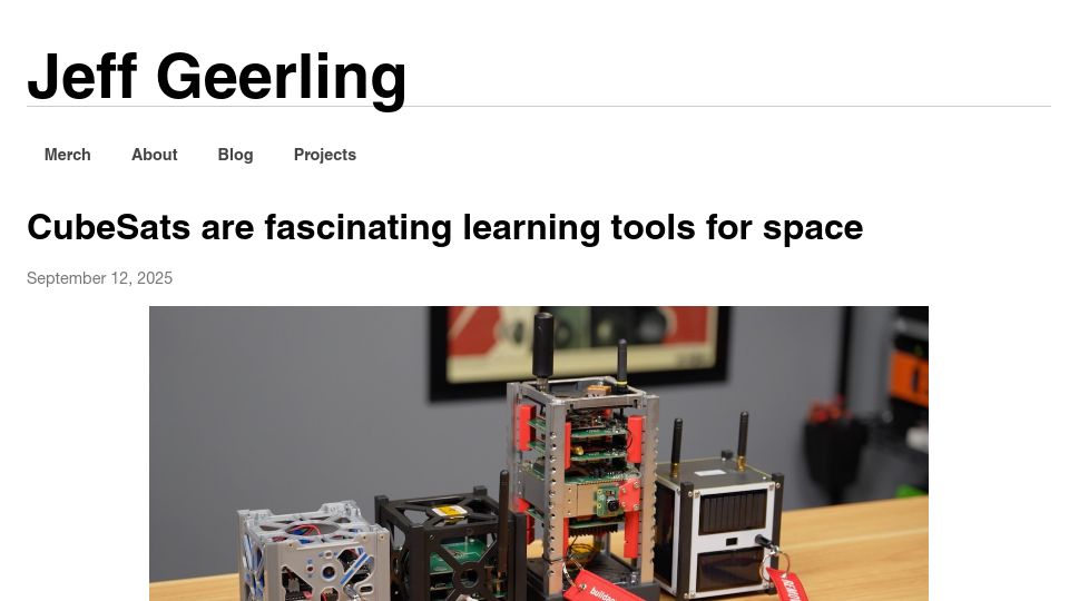 Screenshot of jeffgeerling.com: CubeSats are fascinating learning tools for space