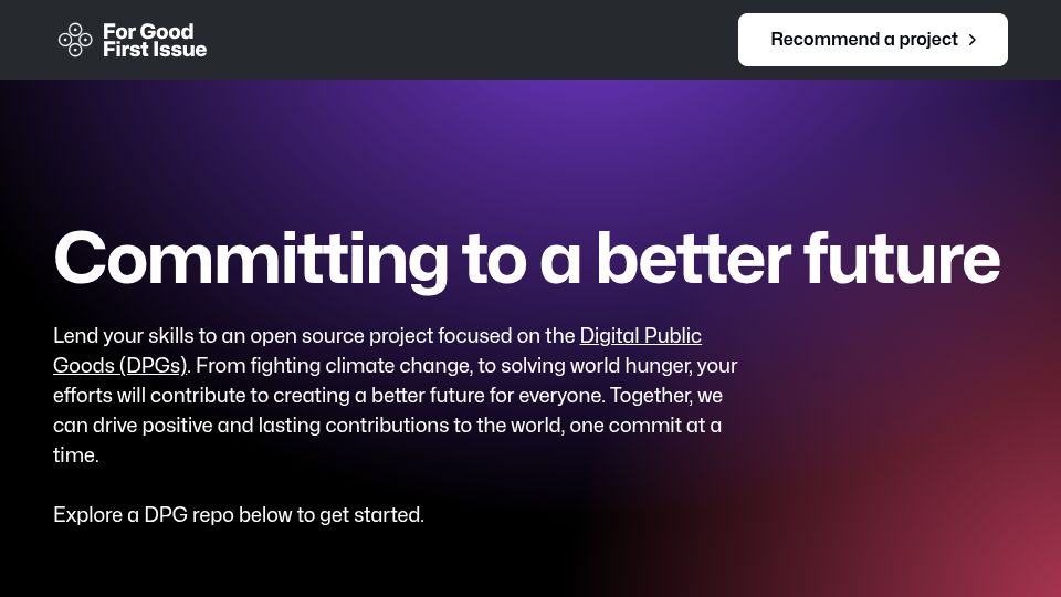 Screenshot of forgoodfirstissue.github.com: For Good First Issue – A repository of social impact and open source projects
