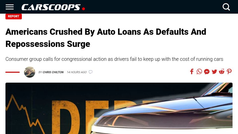 Screenshot of carscoops.com: Americans Crushed by Auto Loans as Defaults and Repossessions Surge