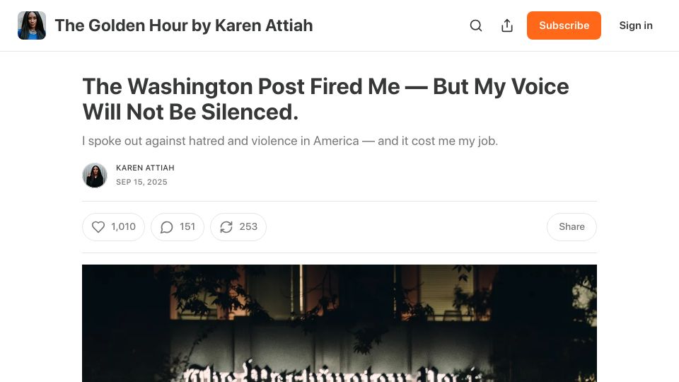 Screenshot of karenattiah.substack.com: The Washington Post Fired Me – But My Voice Will Not Be Silenced