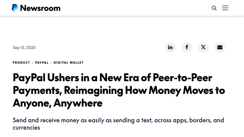 Screenshot of newsroom.paypal-corp.com: PayPal to support Ethereum and Bitcoin