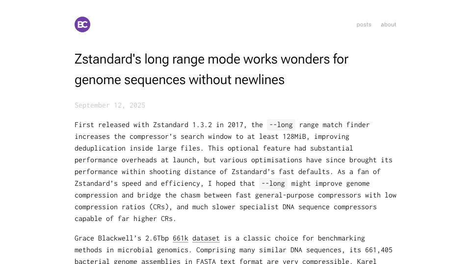 Screenshot of log.bede.im: Removing newlines in FASTA file increases ZSTD compression ratio by 10x