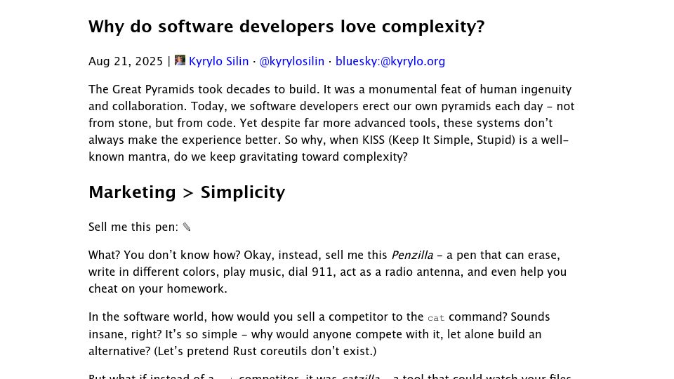 Screenshot of kyrylo.org: Why do we keep gravitating toward complexity?