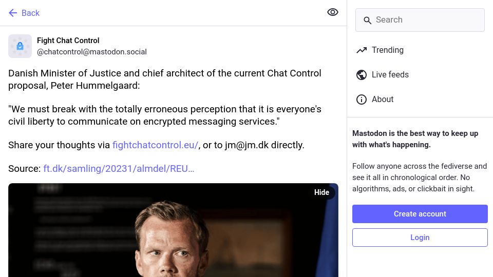 Screenshot of mastodon.social: Denmark's Justice Minister calls encrypted messaging a false civil liberty