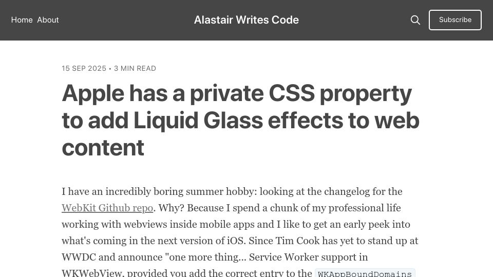 Screenshot of alastair.is: Apple has a private CSS property to add Liquid Glass effects to web content