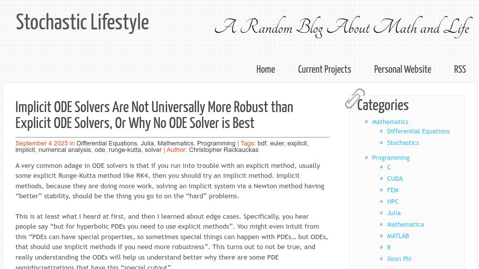 Screenshot of stochasticlifestyle.com: Implicit ODE solvers are not universally more robust than explicit ODE solvers