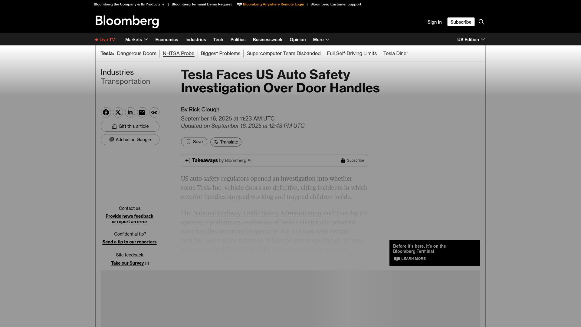 Screenshot of bloomberg.com: Tesla Faces US Auto Safety Investigation over Door Handles