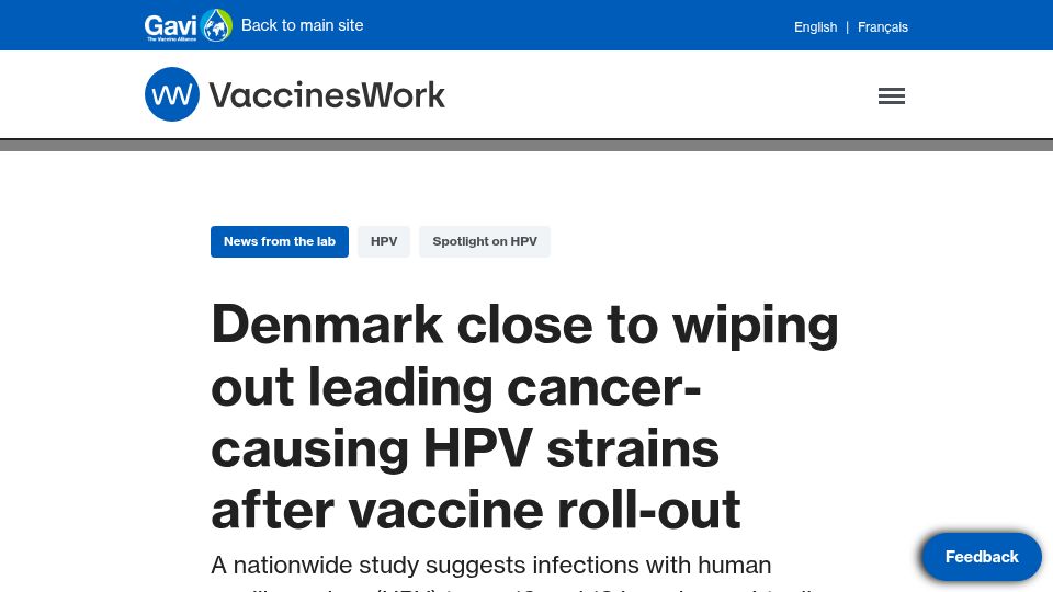 Screenshot of gavi.org: Denmark close to wiping out cancer-causing HPV strains after vaccine roll-out