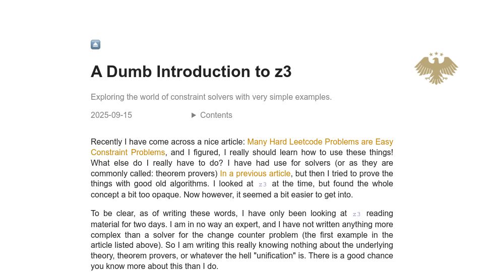 Screenshot of asibahi.github.io: A dumb introduction to z3