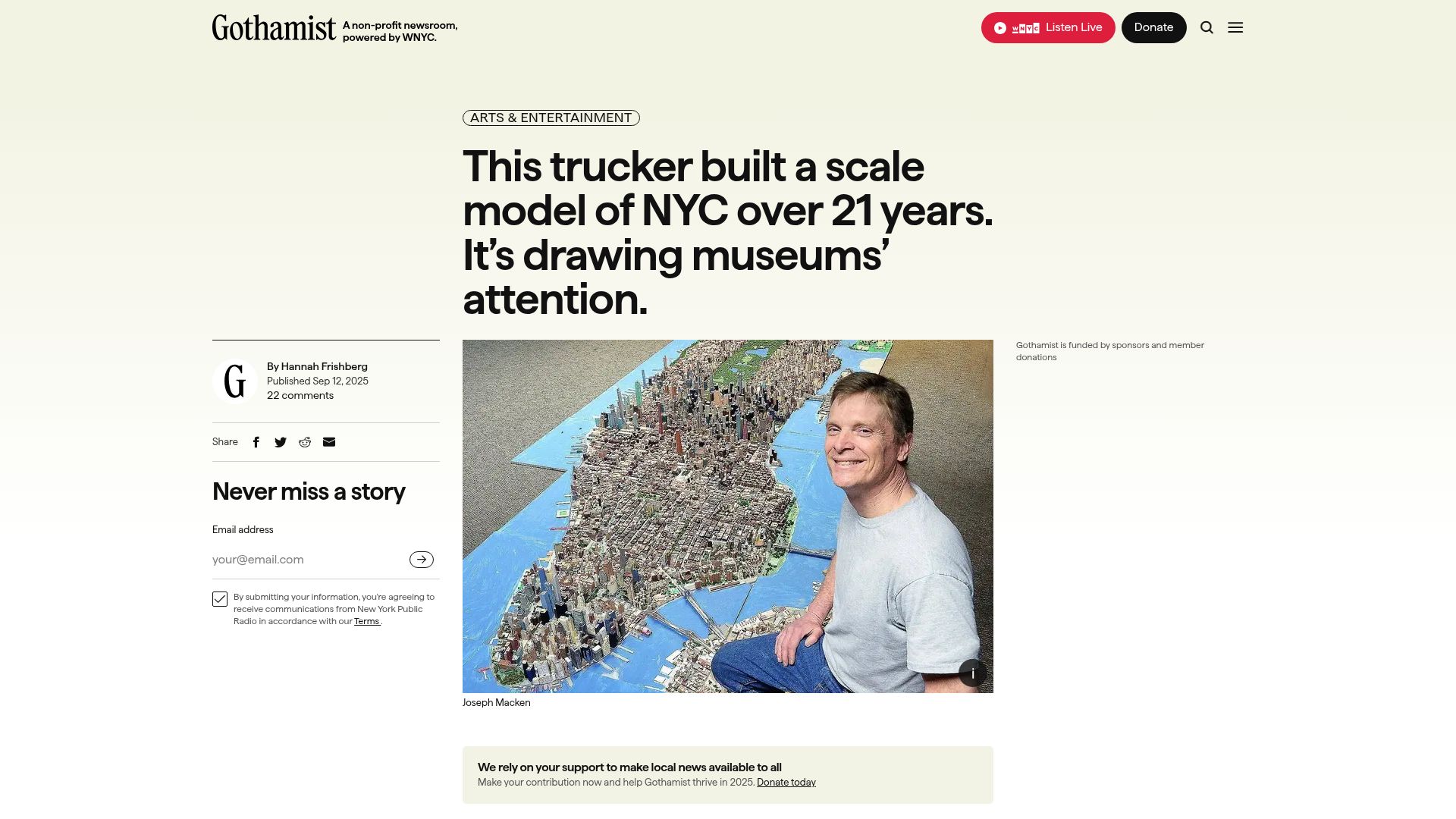 Screenshot of gothamist.com: Trucker built a scale model of NYC over 21 years
