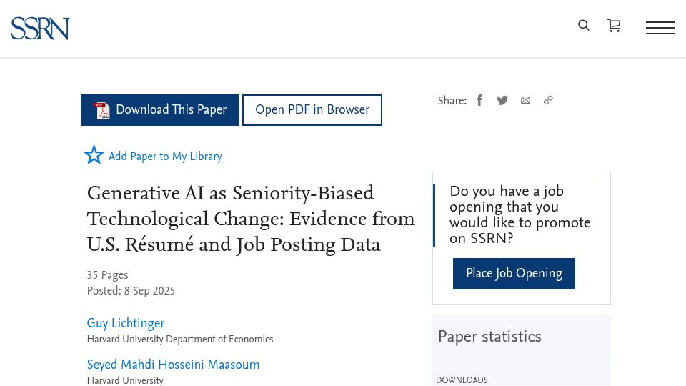 Screenshot of papers.ssrn.com: Generative AI as Seniority-Biased Technological Change