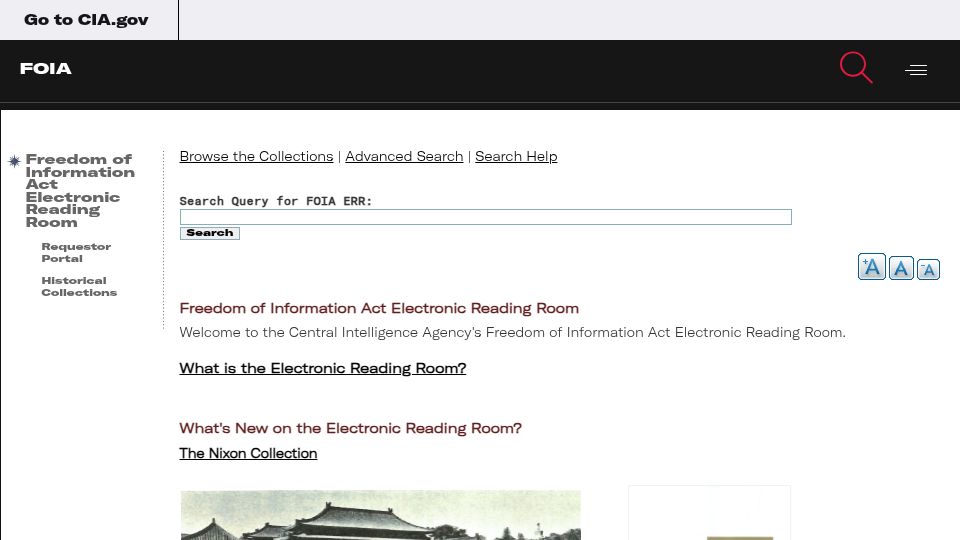 Screenshot of cia.gov: CIA Freedom of Information Act Electronic Reading Room