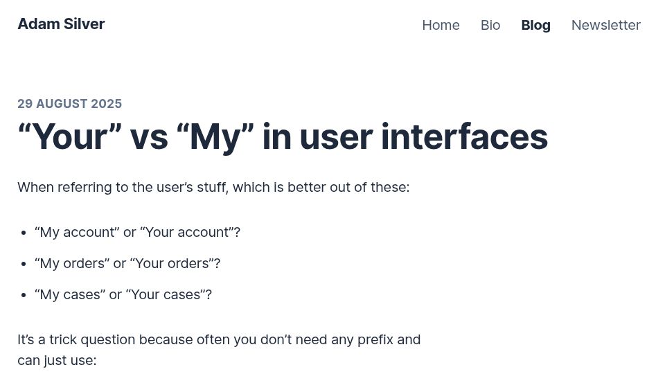 Screenshot of adamsilver.io: "Your" vs. "My" in user interfaces