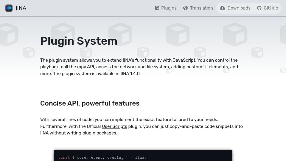 Screenshot of iina.io: Plugin System