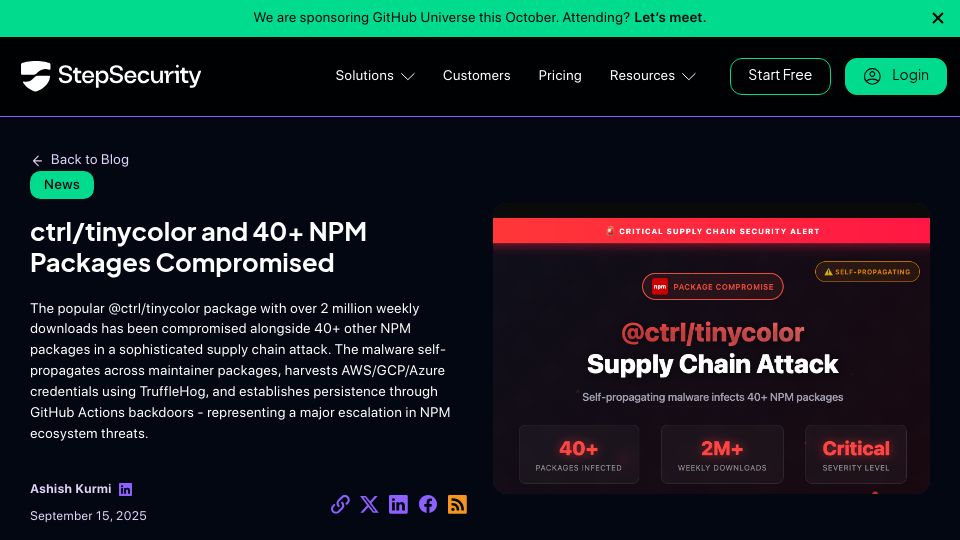 Screenshot of socket.dev: Shai-Hulud malware attack: Tinycolor and over 40 NPM packages compromised