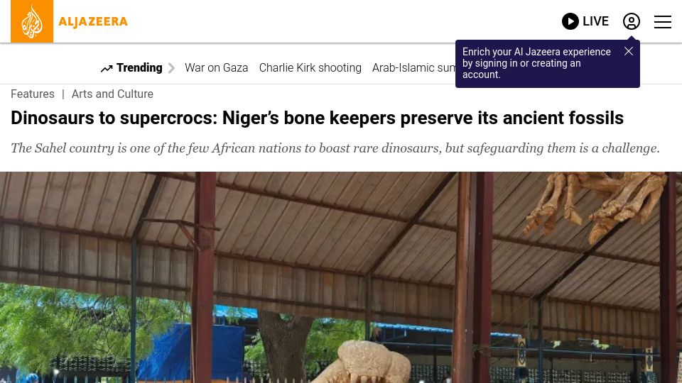Screenshot of aljazeera.com: Dinosaurs to supercrocs: Niger's bone keepers preserve its ancient fossils