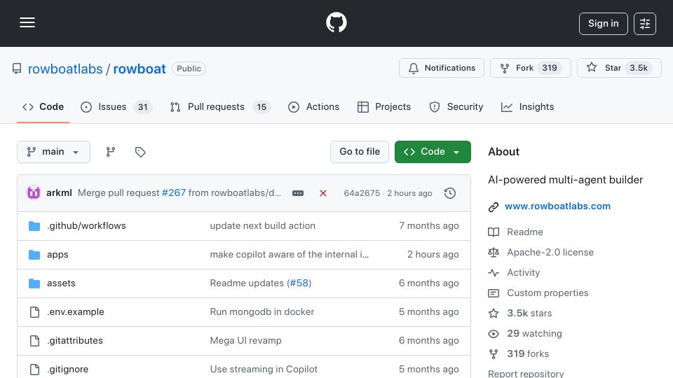 Screenshot of github.com: Launch HN: Rowboat (YC S24) – Open-source IDE for multi-agent systems