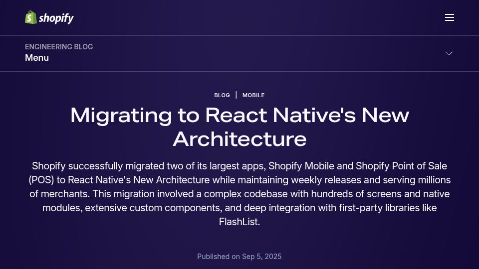 Screenshot of shopify.engineering: Migrating to React Native's new architecture