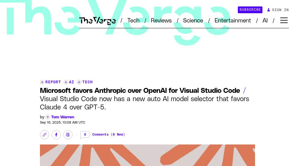 Screenshot of theverge.com: Microsoft Favors Anthropic over OpenAI for Visual Studio Code