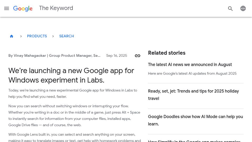 Screenshot of blog.google: A new experimental Google app for Windows